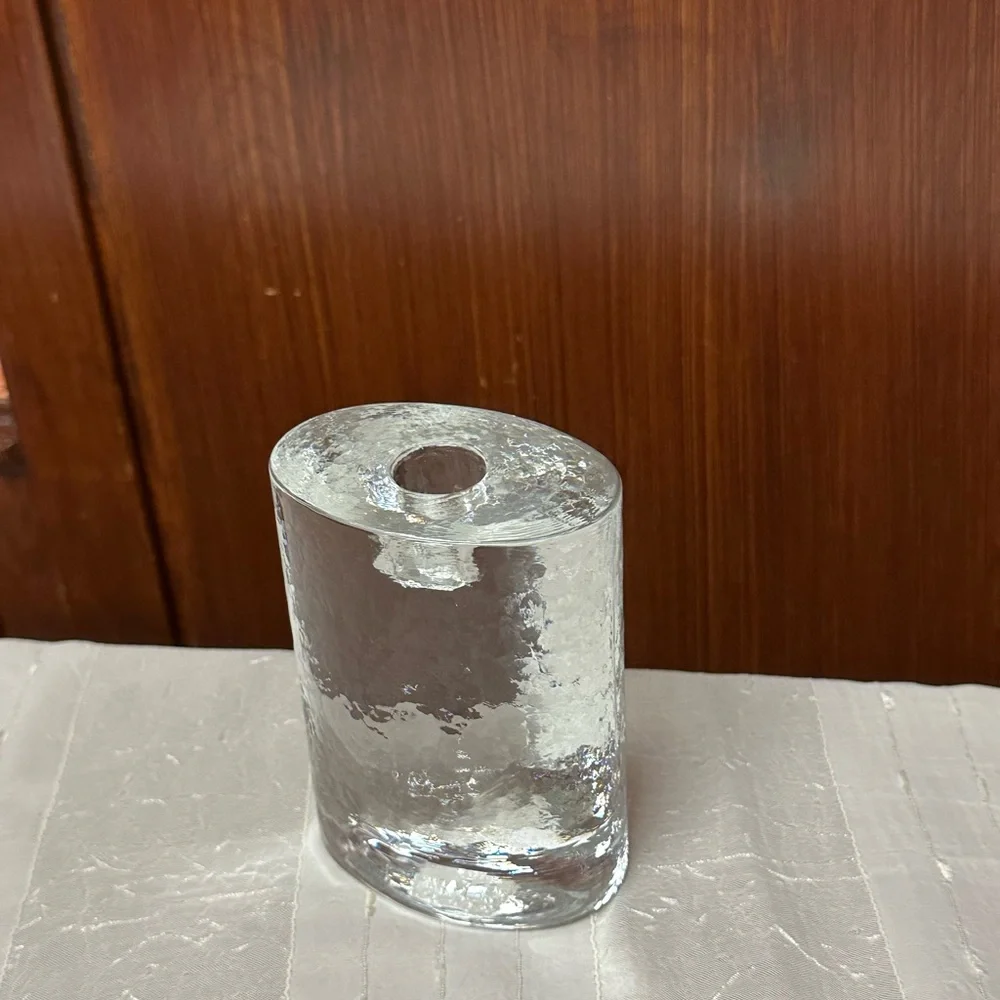Crate & Barrel Large Ice texture Glass paperweight taper candle holder
